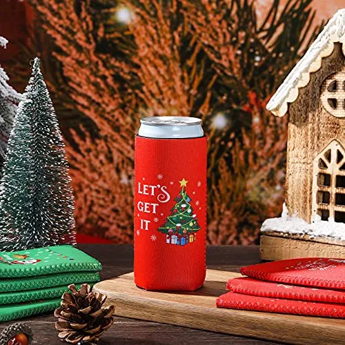 8 Pieces Christmas Beer Can Coolers Sleeves Xmas Slim Can Sleeves Neoprene Insulated Beverage Drink Sleeves Reusable Skinny Can Insulator Covers Christmas Drink Holder Protective Sleeves for Party