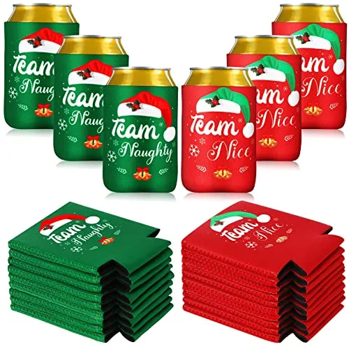 24 Pcs Christmas Beer Can Coolers Sleeves Xmas Neoprene Drink Holders Team Naughty Team Nice Can Sleeves Holiday Can Insulated Covers for Canned Beverages Bottle Drink Party Decors (Red and Green)