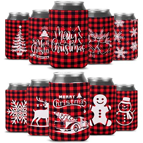Whaline 12pcs Christmas Beer Can Coolers Sleeves Red Black Plaid Can Sleeves Can Covers for Beverages, Bottle, Drink Christmas Party Decorations Supplies, Gingerbread Xmas Tree Snowflake