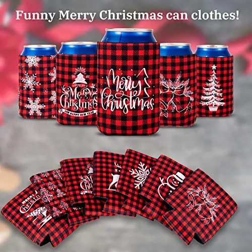 Whaline 12pcs Christmas Beer Can Coolers Sleeves Red Black Plaid Can Sleeves Can Covers for Beverages, Bottle, Drink Christmas Party Decorations Supplies, Gingerbread Xmas Tree Snowflake