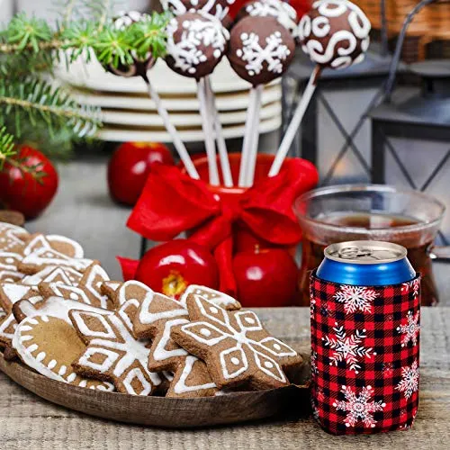 Whaline 12pcs Christmas Beer Can Coolers Sleeves Red Black Plaid Can Sleeves Can Covers for Beverages, Bottle, Drink Christmas Party Decorations Supplies, Gingerbread Xmas Tree Snowflake