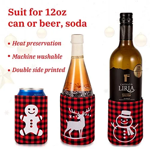 Whaline 12pcs Christmas Beer Can Coolers Sleeves Red Black Plaid Can Sleeves Can Covers for Beverages, Bottle, Drink Christmas Party Decorations Supplies, Gingerbread Xmas Tree Snowflake