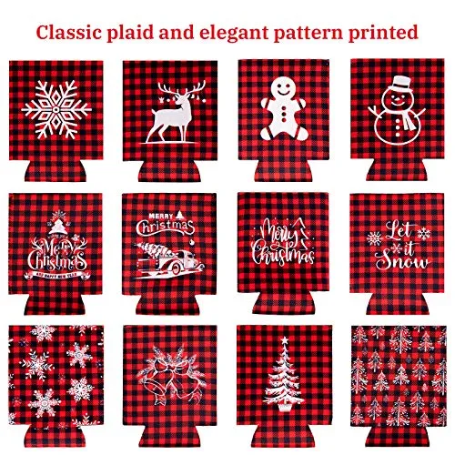 Whaline 12pcs Christmas Beer Can Coolers Sleeves Red Black Plaid Can Sleeves Can Covers for Beverages, Bottle, Drink Christmas Party Decorations Supplies, Gingerbread Xmas Tree Snowflake