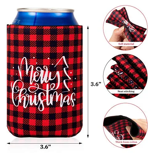 Whaline 12pcs Christmas Beer Can Coolers Sleeves Red Black Plaid Can Sleeves Can Covers for Beverages, Bottle, Drink Christmas Party Decorations Supplies, Gingerbread Xmas Tree Snowflake