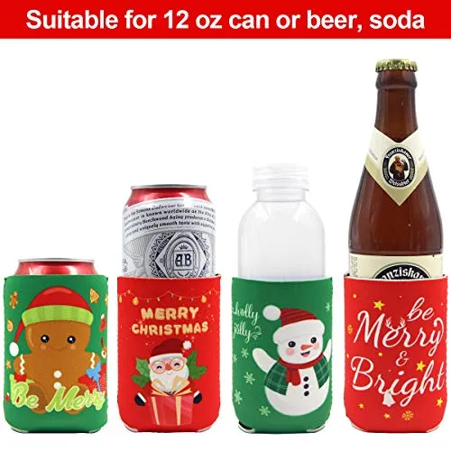 12 Christmas Can Cooler Sleeves Funny Neoprene Beer Can Covers for Christmas Party Supplies