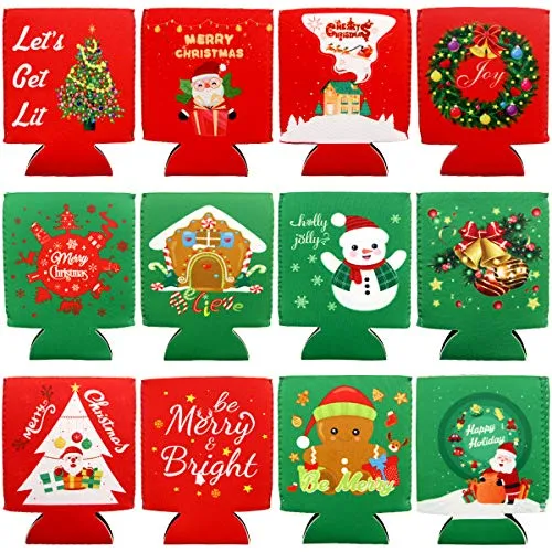 12 Christmas Can Cooler Sleeves Funny Neoprene Beer Can Covers for Christmas Party Supplies