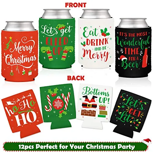 Christmas Can Sleeves Coolers Xmas Holiday Can Covers for Christmas Gathering Party Decorations Gift Ideas Supplies Neoprene Soda Can Beverage Set of 12