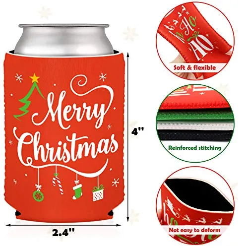 Christmas Can Sleeves Coolers Xmas Holiday Can Covers for Christmas Gathering Party Decorations Gift Ideas Supplies Neoprene Soda Can Beverage Set of 12