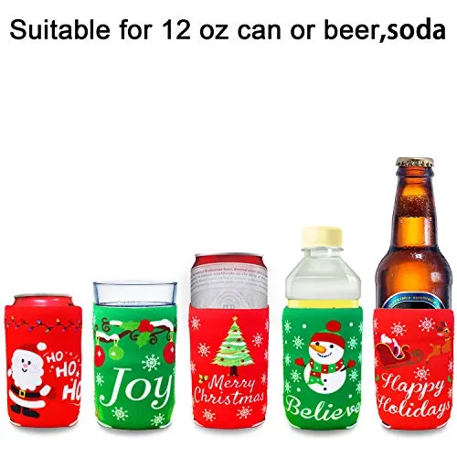 Tifeson Christmas Beer Can Coolers Sleeves - 12 Pack Xmas Holiday Can Insulated Covers for Christmas Party Decorations Supplies - Neoprene Coolers for 12-Ounce Canned Beverages, Bottle, Drink