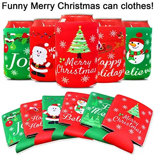 Tifeson Christmas Beer Can Coolers Sleeves - 12 Pack Xmas Holiday Can Insulated Covers for Christmas Party Decorations Supplies - Neoprene Coolers for 12-Ounce Canned Beverages, Bottle, Drink