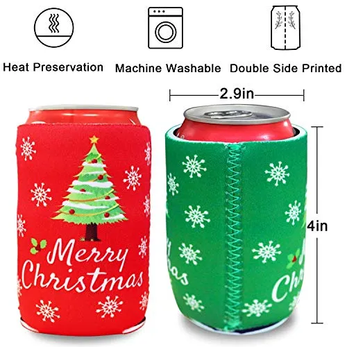 Tifeson Christmas Beer Can Coolers Sleeves - 12 Pack Xmas Holiday Can Insulated Covers for Christmas Party Decorations Supplies - Neoprene Coolers for 12-Ounce Canned Beverages, Bottle, Drink
