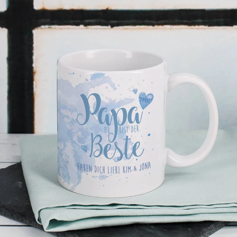 Tasse "Papa Du bist der Beste" mit Wunschtext in verschiedenen Farben