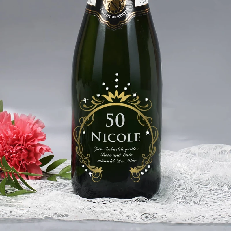 Champagnerflasche zum Geburtstag mit Gravur in Gold und Silber und SWAROVSKI® ELEMENTS Strasssteinen