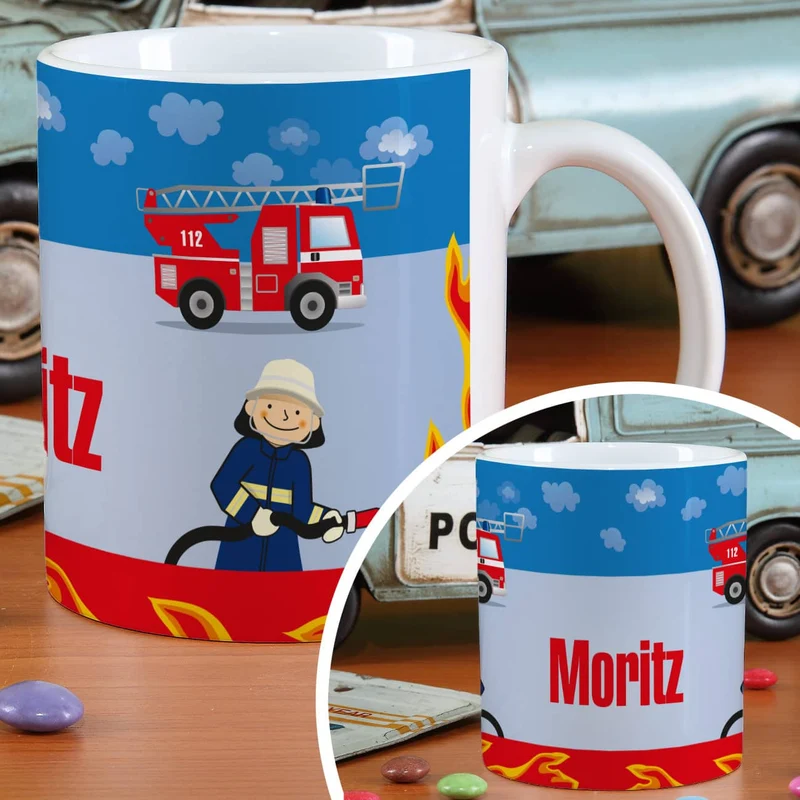 Keramiktasse mit Feuerwehr und Name bedruckt