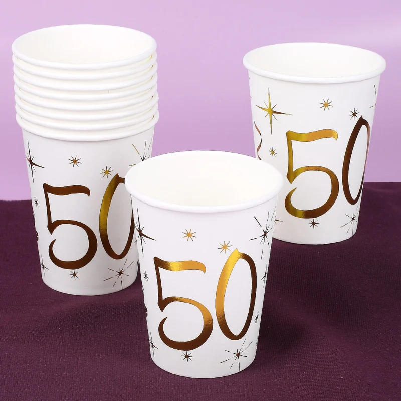 10 weiße Pappbecher mit Gold-Metallic zum 50. Geburtstag