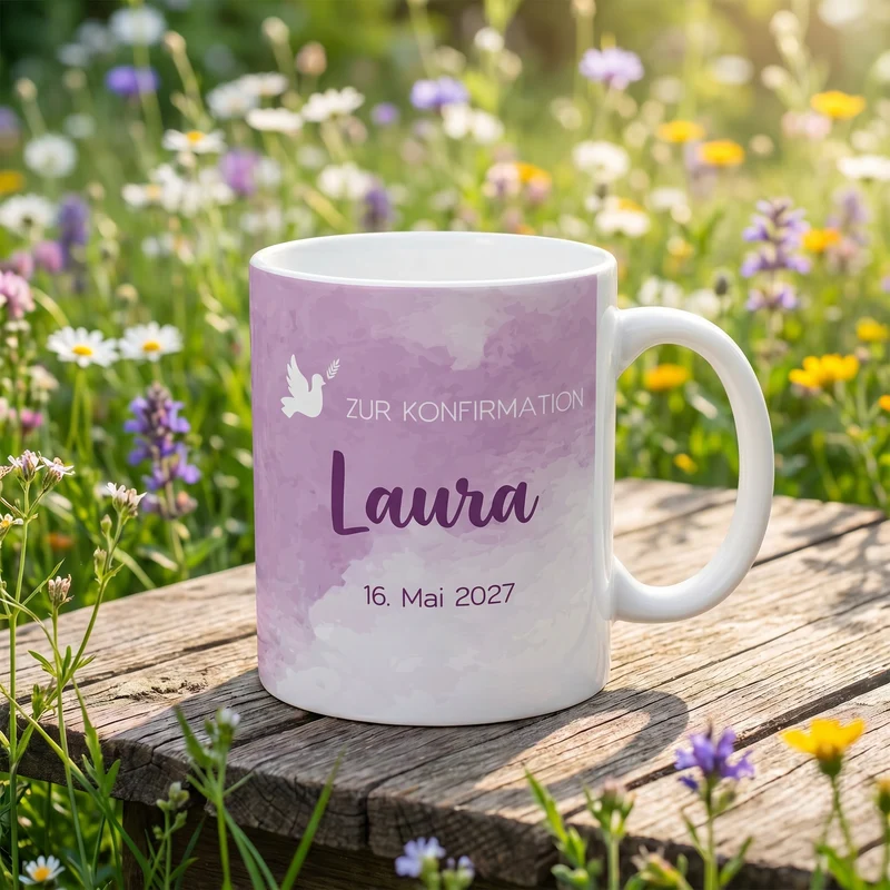 Tasse zur Konfirmation - mit Name und Datum in violett