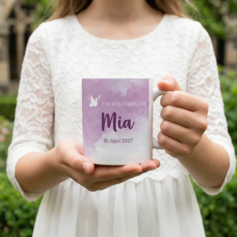 Tasse zur Konfirmation - mit Name und Datum in violett