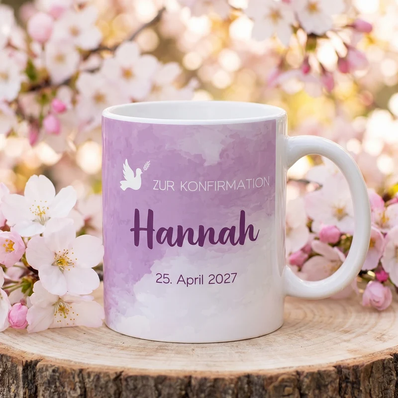 Tasse zur Konfirmation - mit Name und Datum in violett
