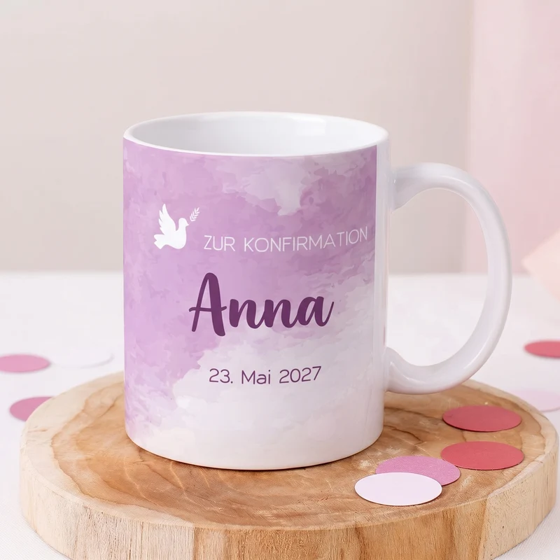 Tasse zur Konfirmation - mit Name und Datum in violett