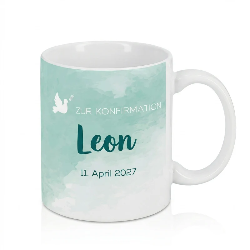 Zur Konfirmation - Tasse mit Name und Datum in türkisblau
