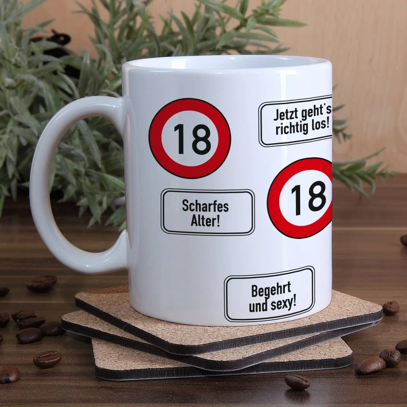 große Kaffeetasse zum 18. Geburtstag mit Verkehrszeichen - 18 -